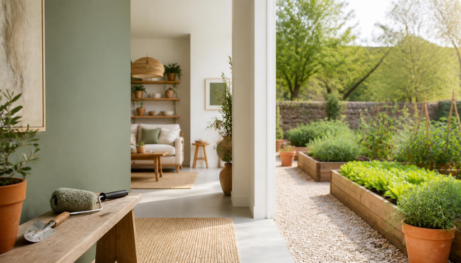 Bright living room opening onto a raised-bed vegetable garden with a paint roller and trowel on a bench